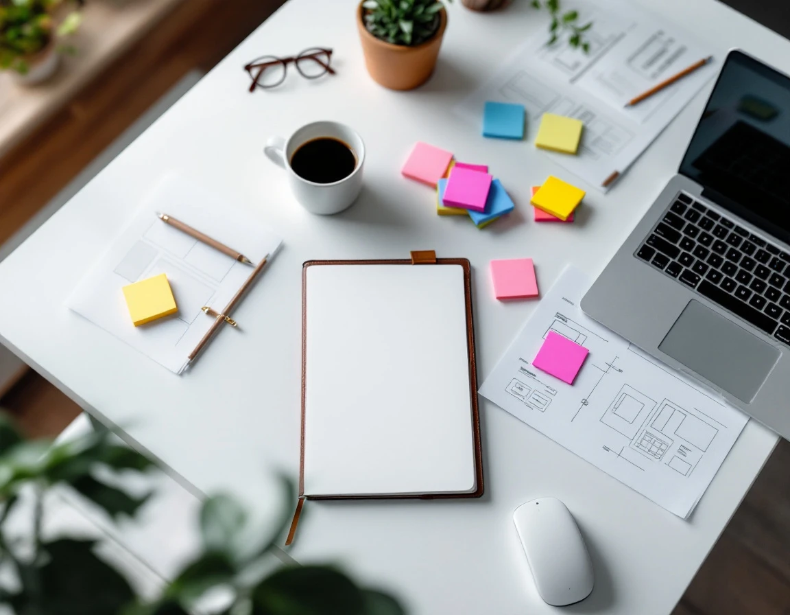 Overhead view of a clean desk workspace with coffee, notebook, and colorful sticky notes arranged for planning