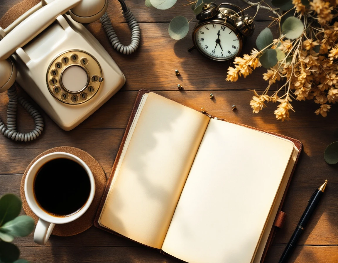 Overhead view of vintage desk workspace with planner, rotary phone, coffee, and fountain pen in warm natural light