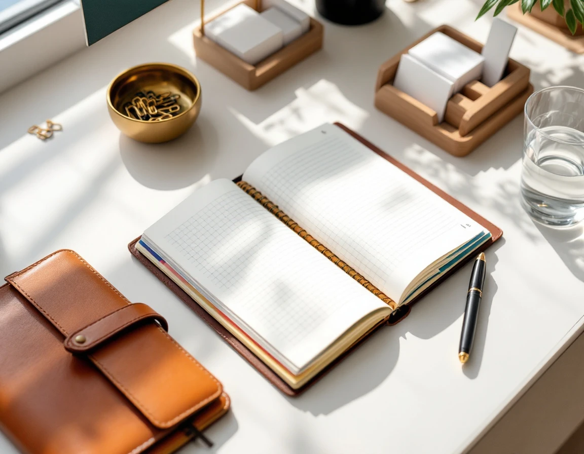 Organized workspace with leather notebook, fountain pen, and brass organizers showing systematic arrangement