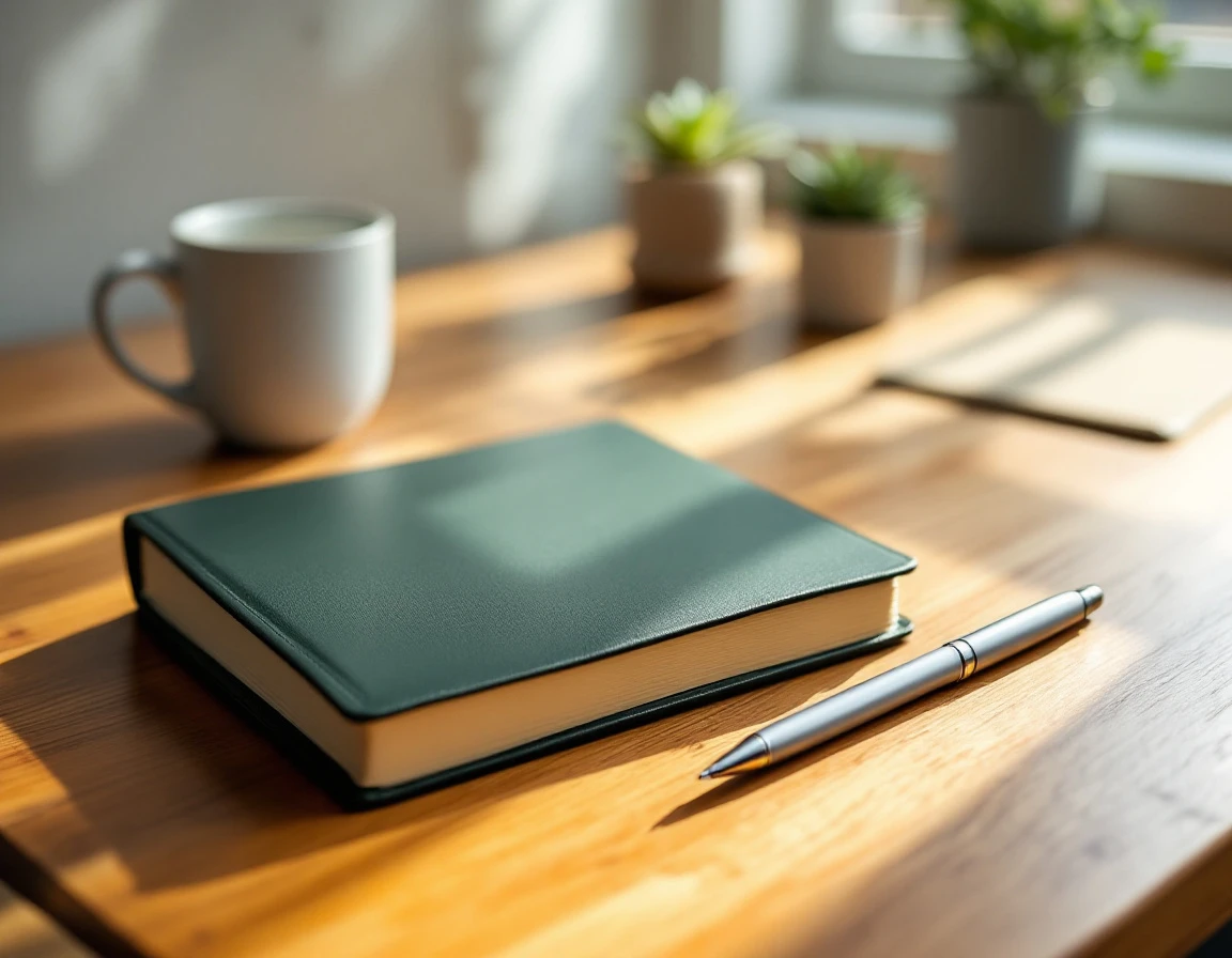 Closed journal and pen on wooden desk with coffee mug and plant suggesting organized contact verification workflow