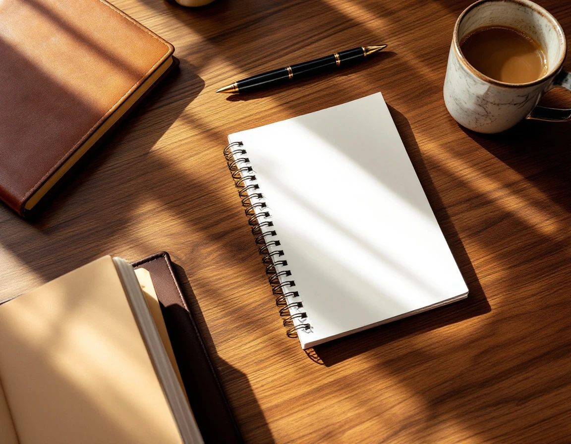 Overhead view of warm wooden desk with blank notepad, fountain pen, and coffee mug suggesting year-end planning