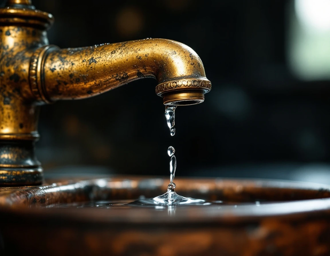 Brass faucet dripping water into copper basin showing gradual resource loss through small leaks