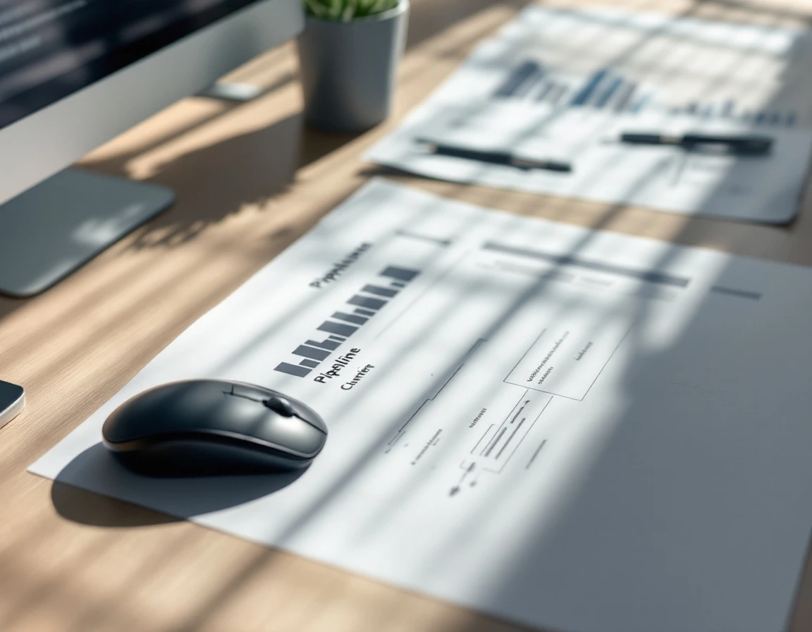 Business desk with scattered pipeline analysis papers and computer mouse in natural daylight