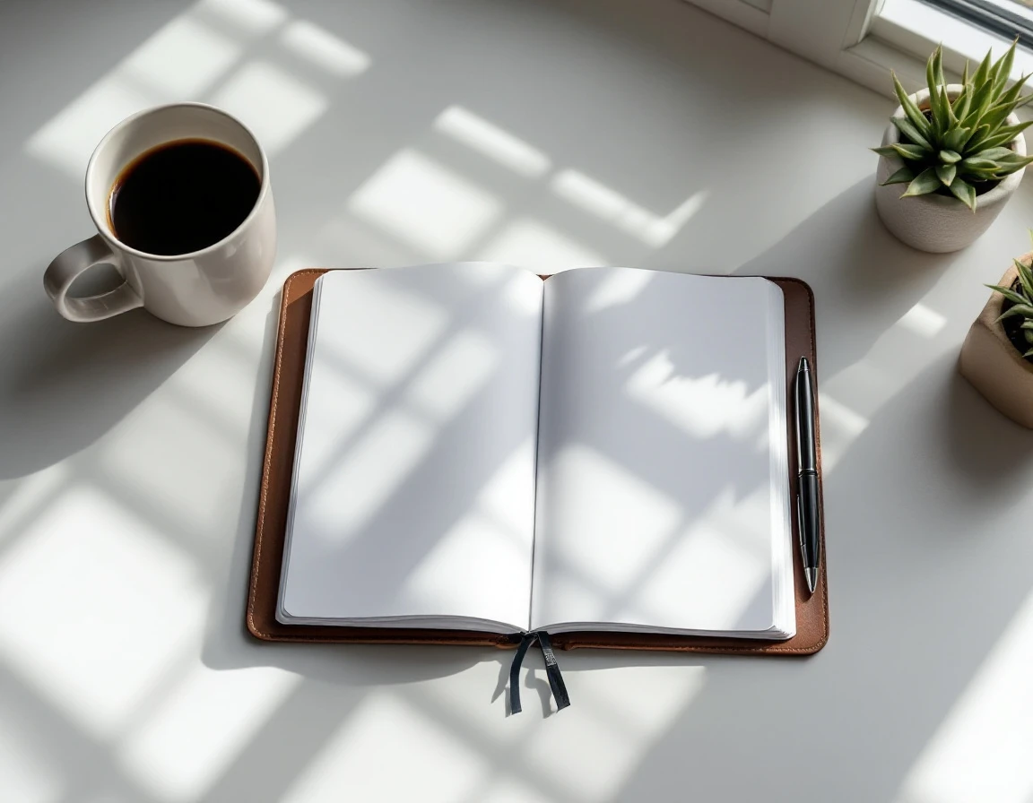 Clean workspace with blank planner, coffee, and succulent plant for strategic business planning