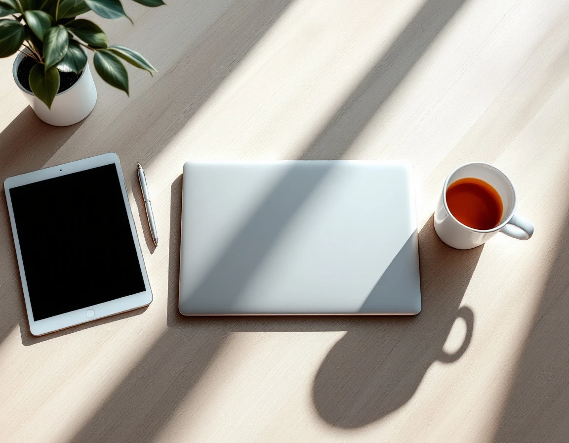 Clean modern workspace with laptop, coffee cup, and minimal business tools on wooden desk