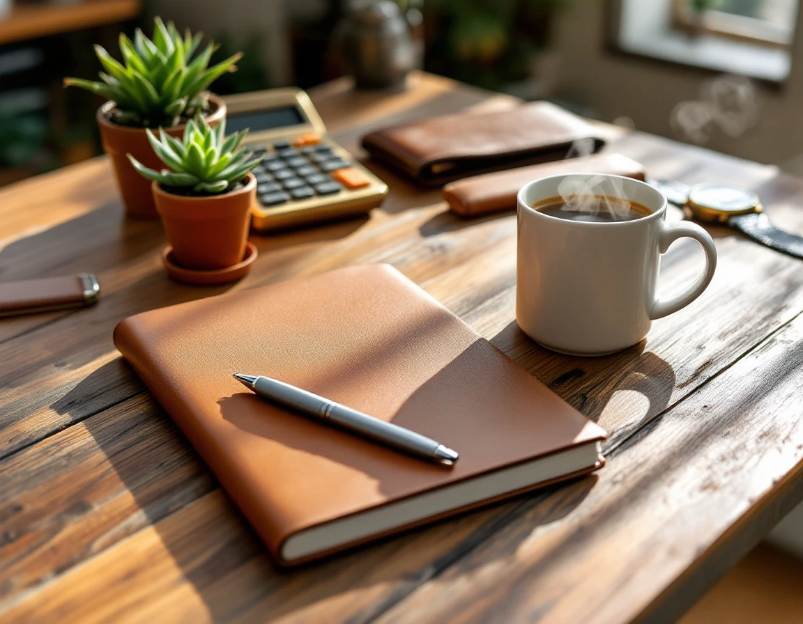 Organized desk workspace with closed notebook, coffee, calculator, and watch in natural morning light