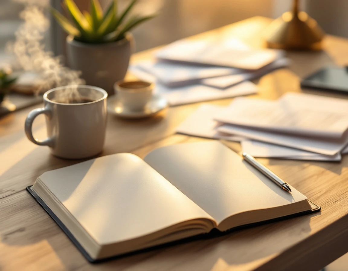 Clean office desk with blank journal, pen, coffee mug, and succulent plant in warm natural lighting