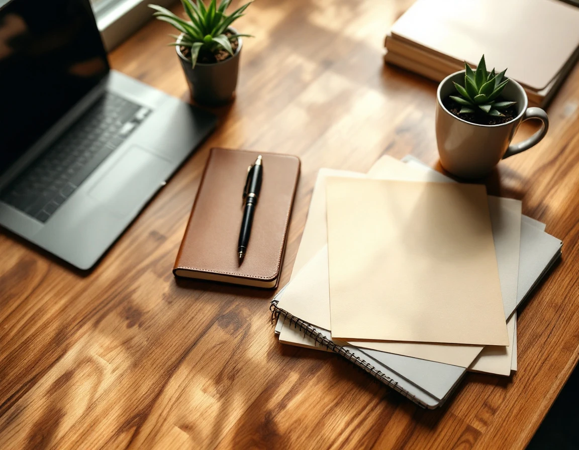 Organized office desk with closed laptop, notebook, and folders representing strategic planning workspace
