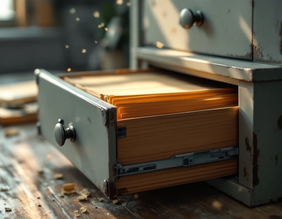 Organized filing cabinet drawer being opened revealing archived business folders ready for reactivation