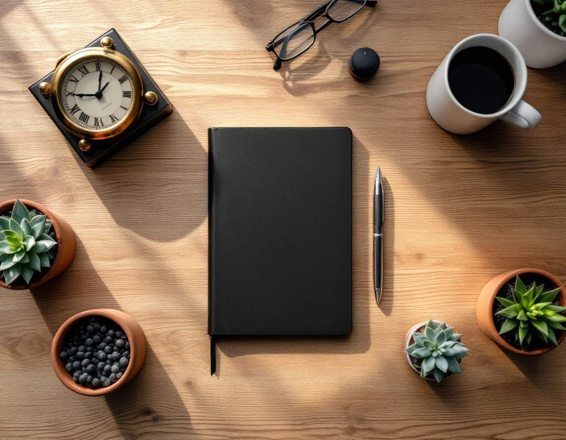 Black leather journal with vintage clock, pen, and succulents on wooden desk surface in natural light