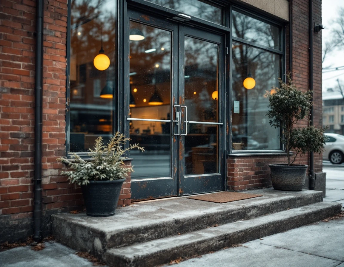 Commercial office building entrance with glass doors in morning light
