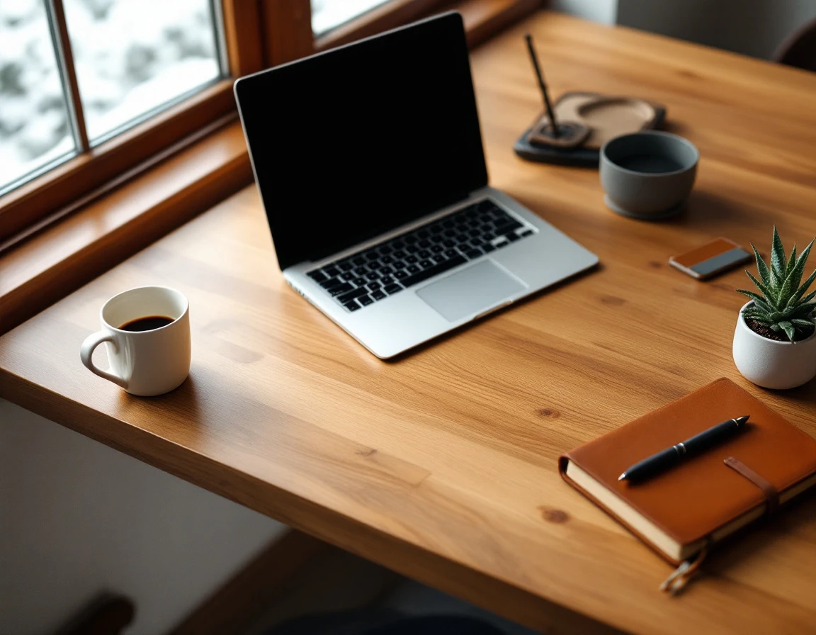Organized desk workspace with laptop, coffee, and notebook ready for CRM prospect planning