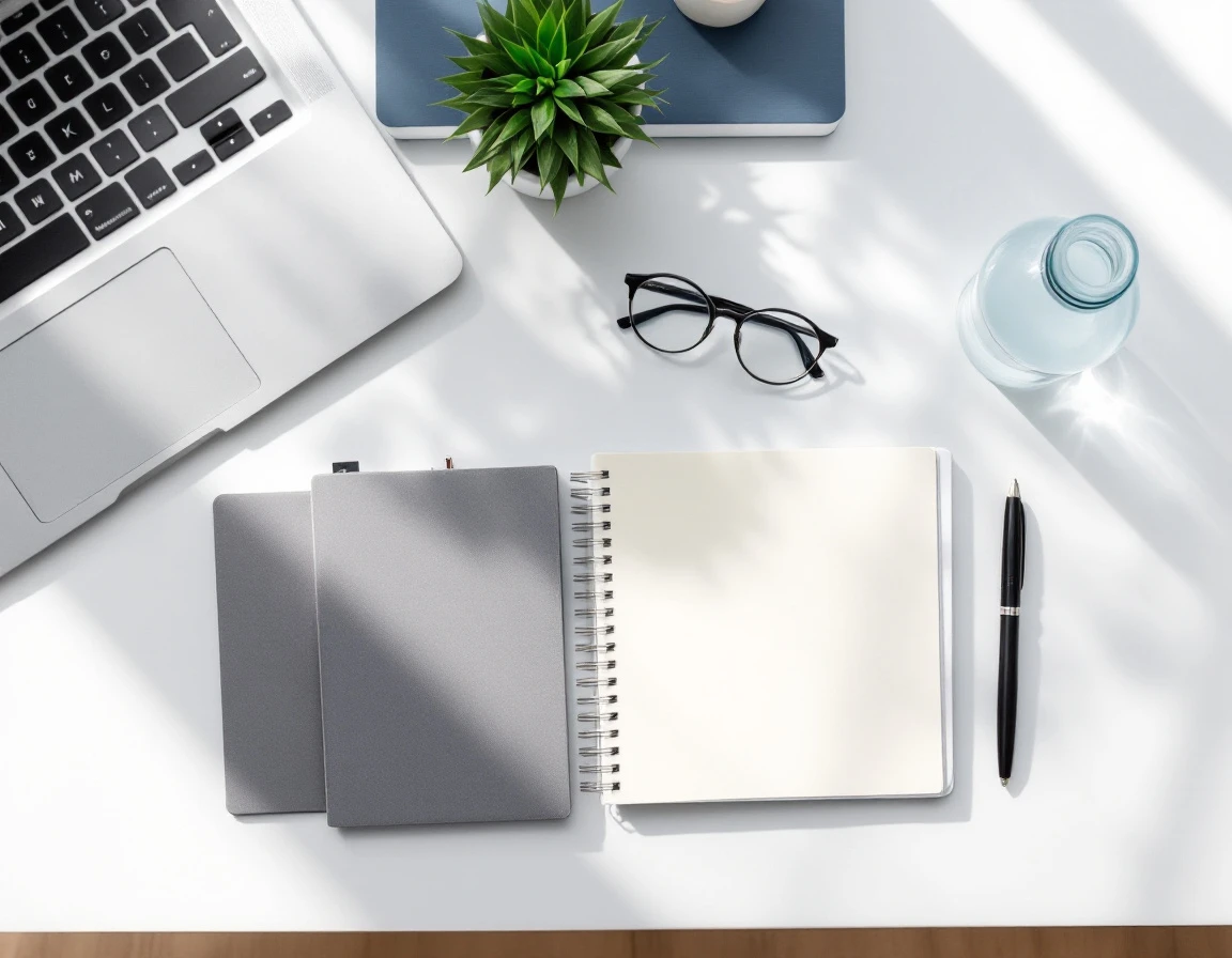 Clean workspace flatlay with laptop, blank notebook, pen, glasses, water bottle, and succulent plant
