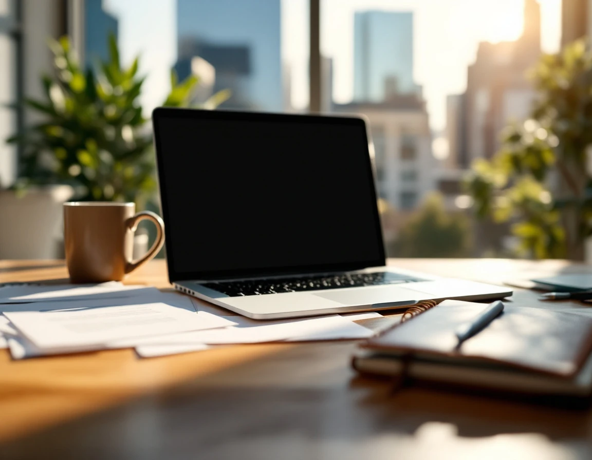 Organized workspace with laptop, coffee, and blank papers bathed in summer afternoon light