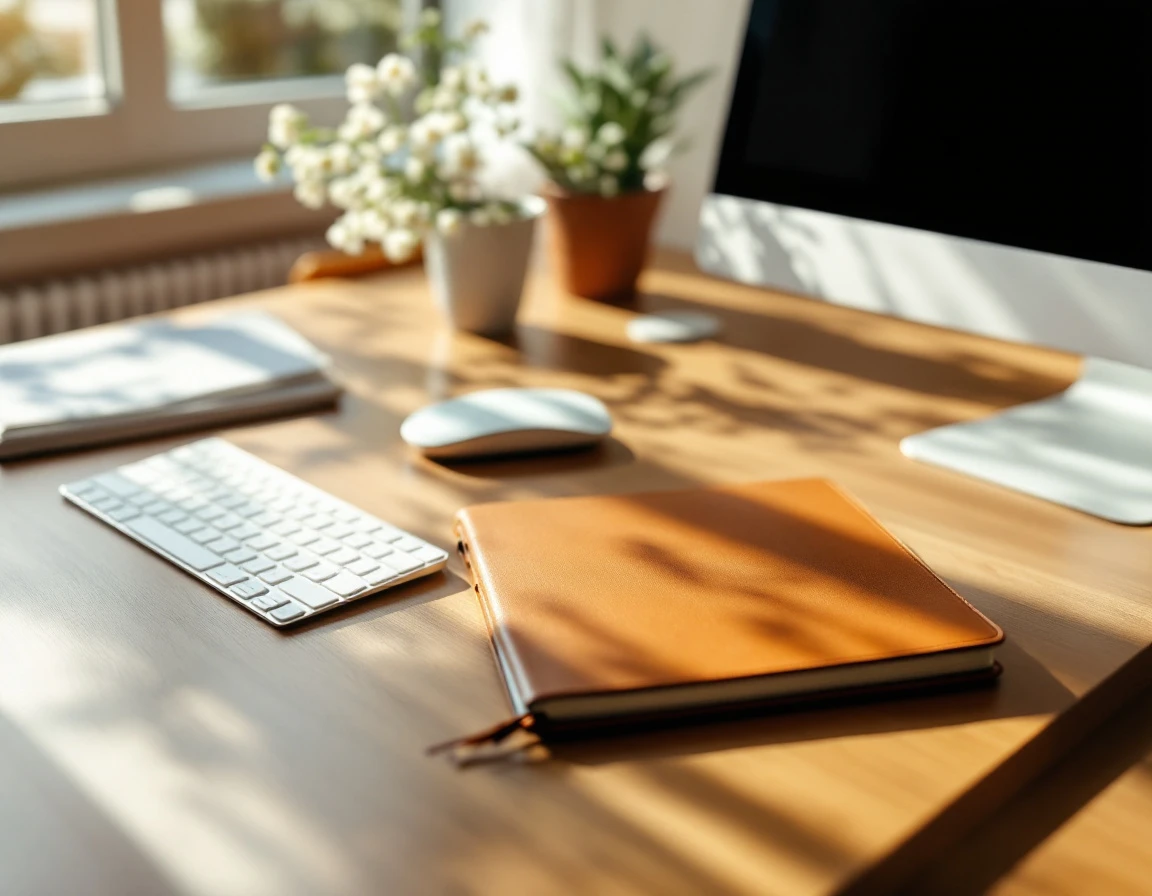 Organized desk workspace with keyboard, coffee, leather notebook, and plant in natural sunlight
