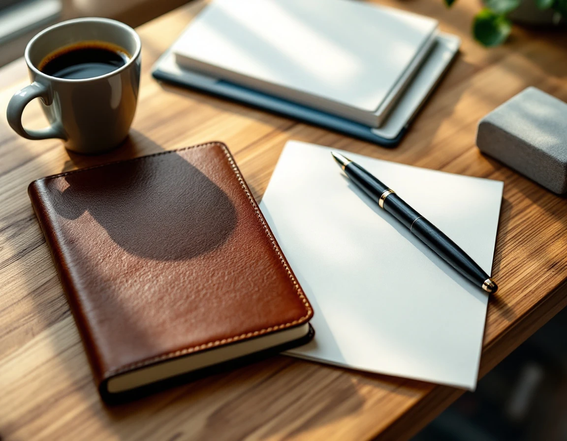 Minimalist desk workspace with leather journal, coffee, and phone showing organized customer outreach planning