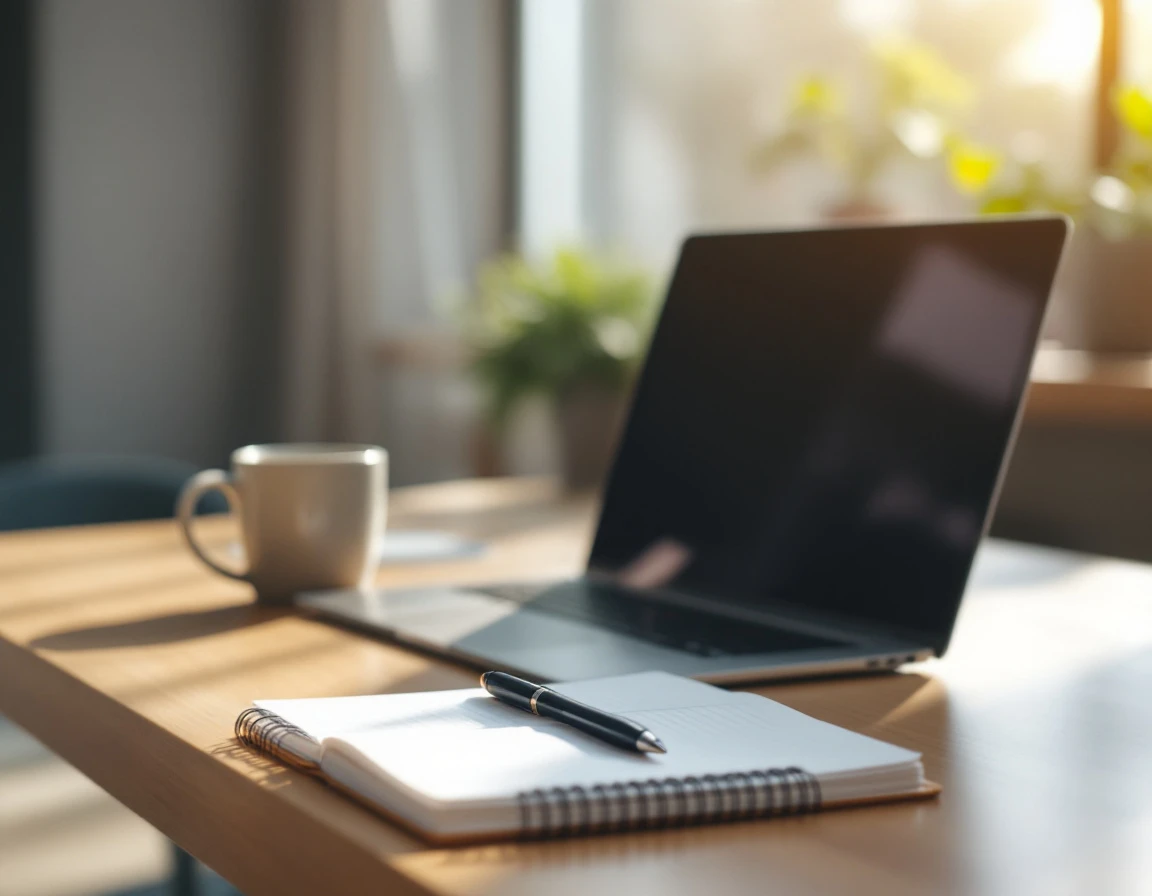 Organized desk workspace with laptop, notebook, and coffee cup in natural morning light