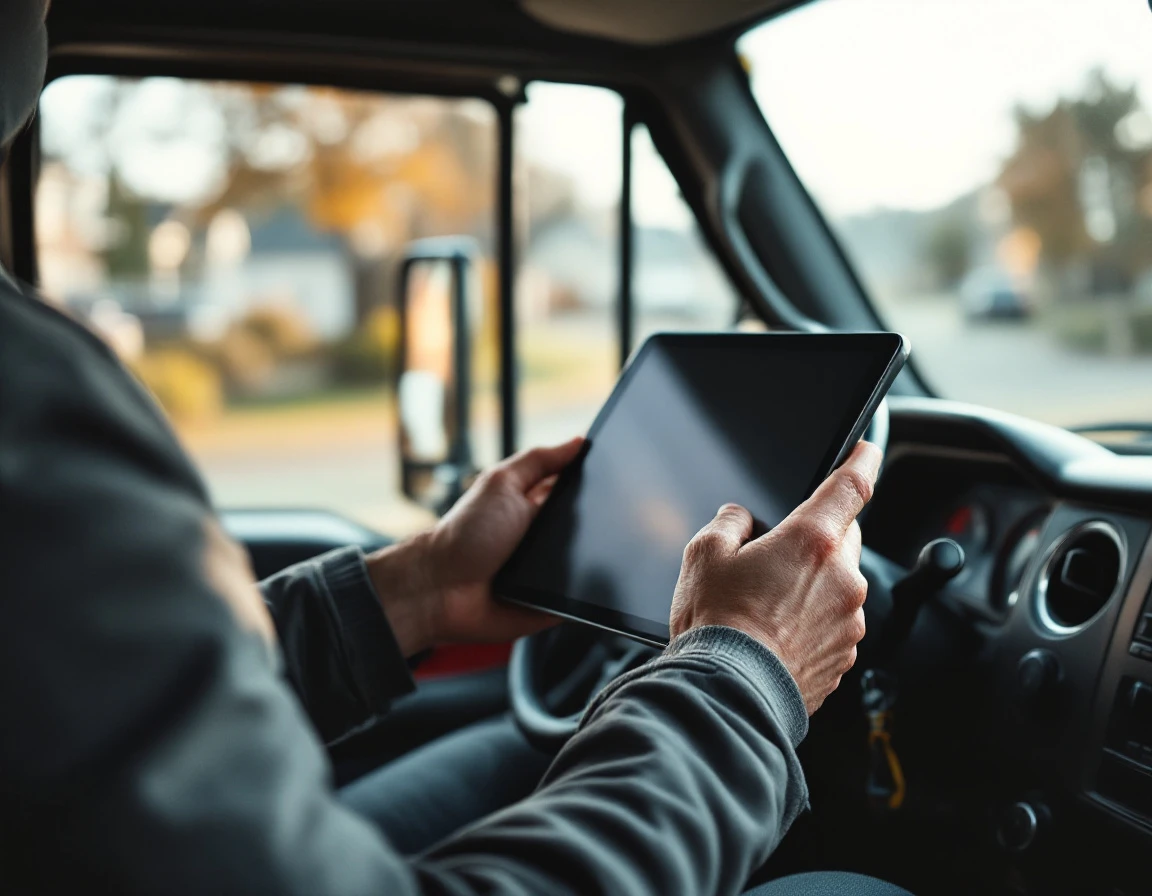 Service contractor reviewing tablet between customer appointments in work truck interior