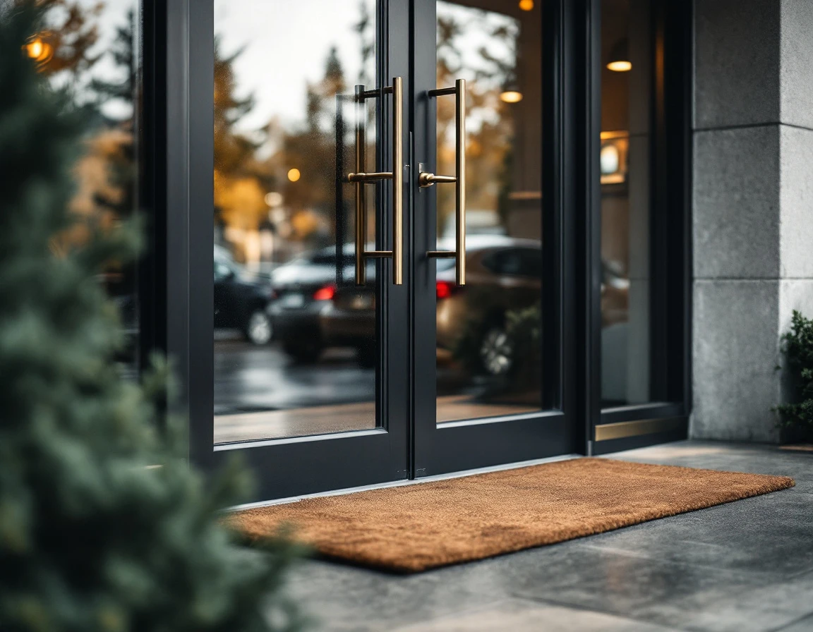 Commercial office building entrance with glass doors and brass handles showing signs of regular customer traffic