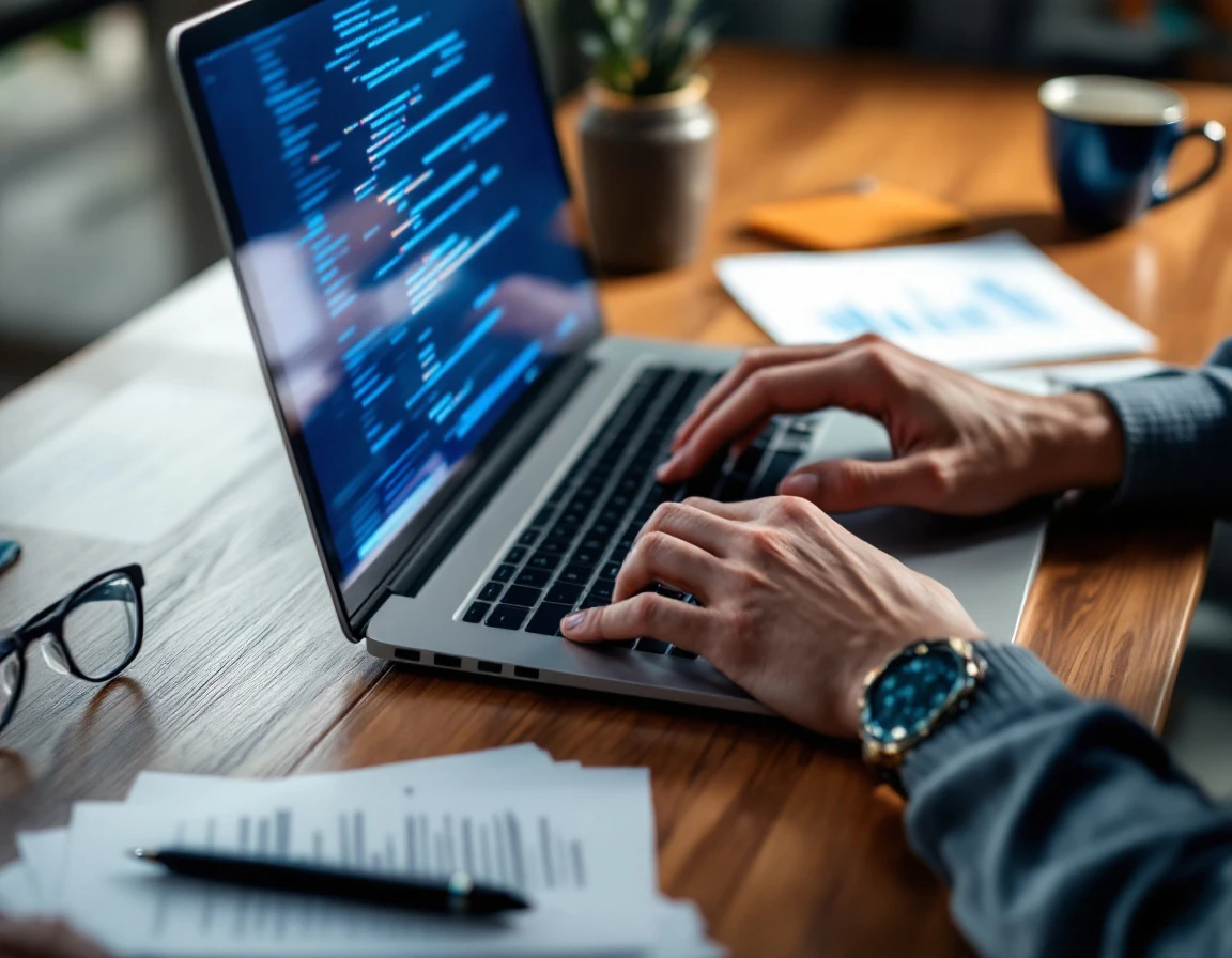 Business professional reviewing customer data on laptop with blurred screen at desk workspace