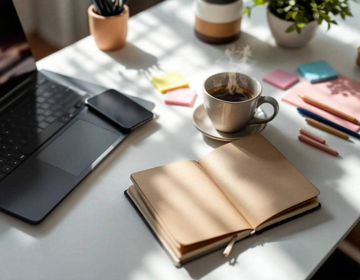 Organized desk workspace with coffee, laptop, blank notes, and planning materials for systematic outreach workflow