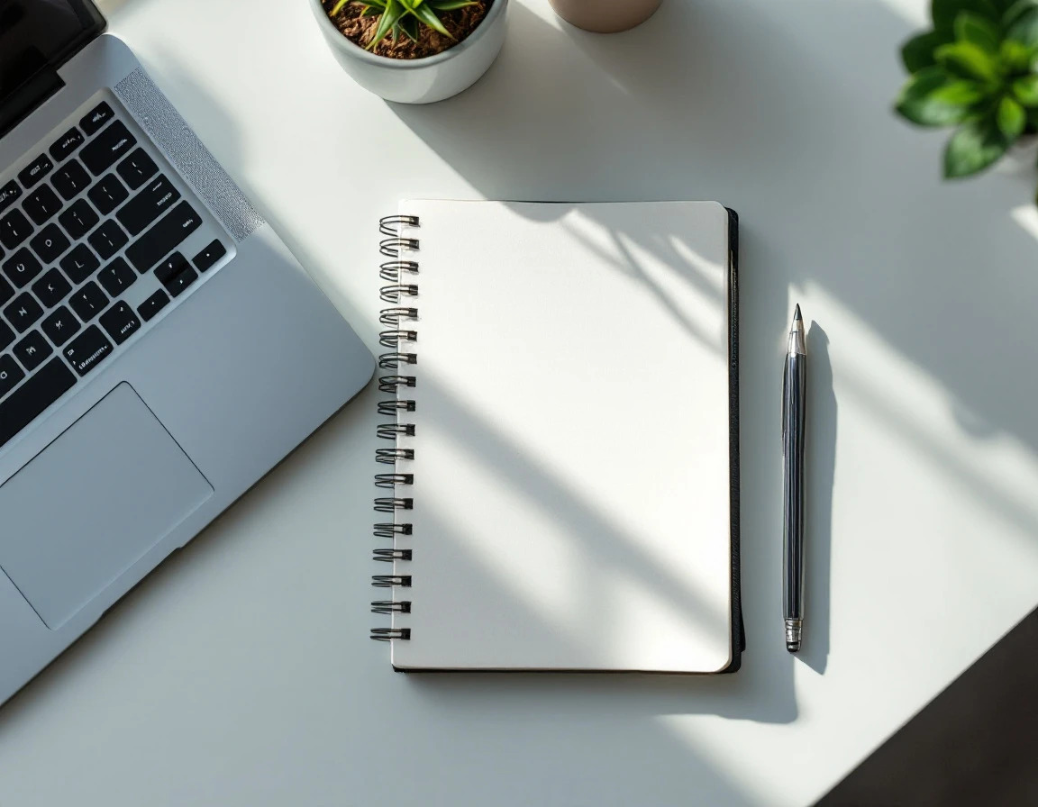 Organized notepad with structured formatting and whitespace beside laptop on clean desk