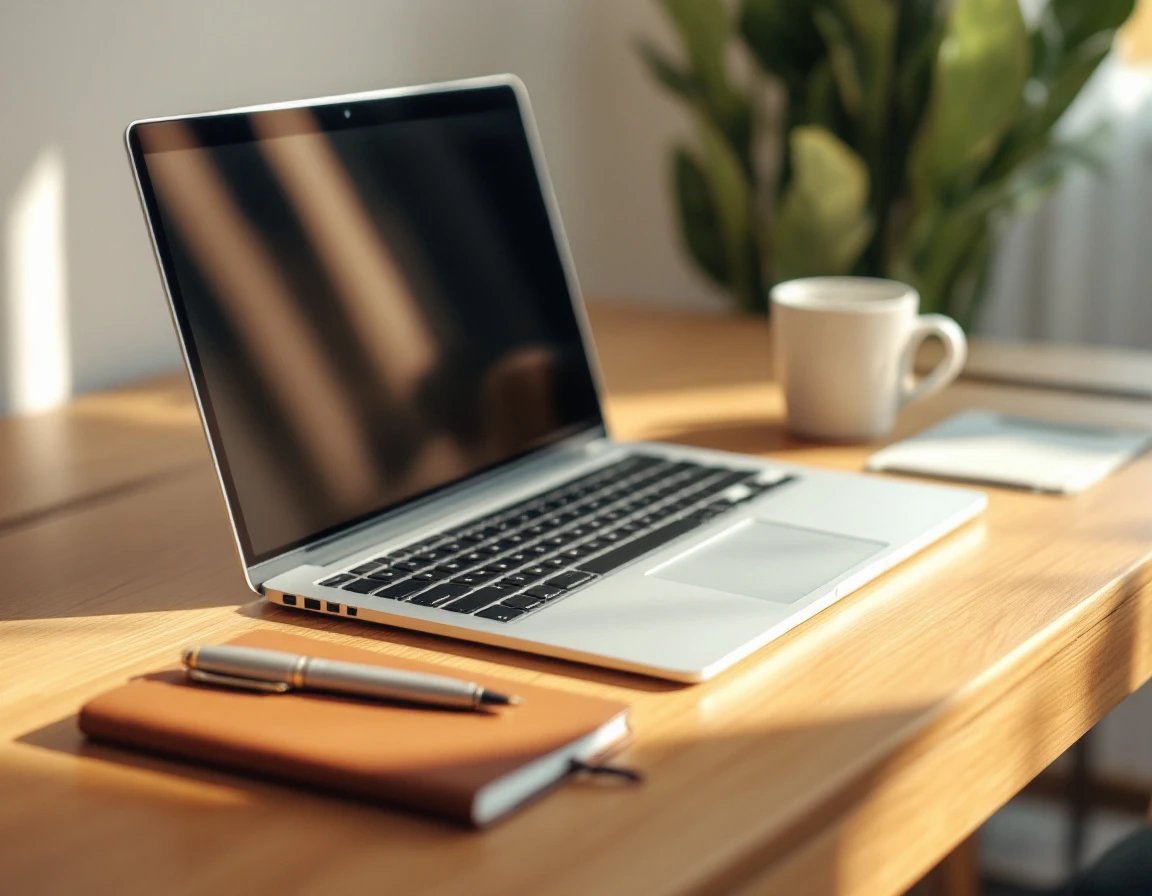 Professional workspace with laptop and fountain pen arranged for crafting sales outreach messages