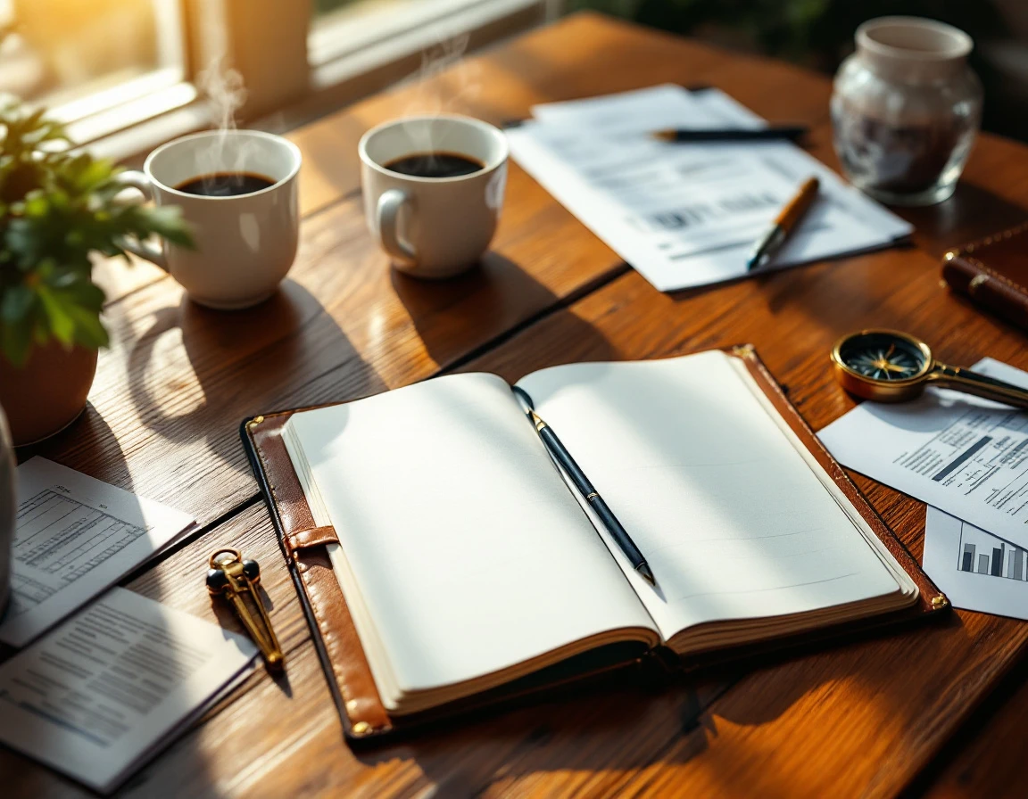 Wooden desk with blank journal, brass compass, and coffee cups arranged for business planning session