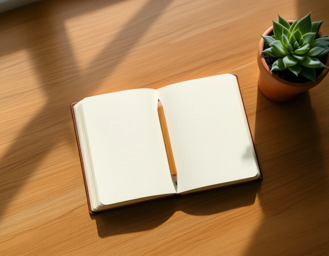 Overhead view of blank notebook on wooden desk with pencil and potted succulent plant
