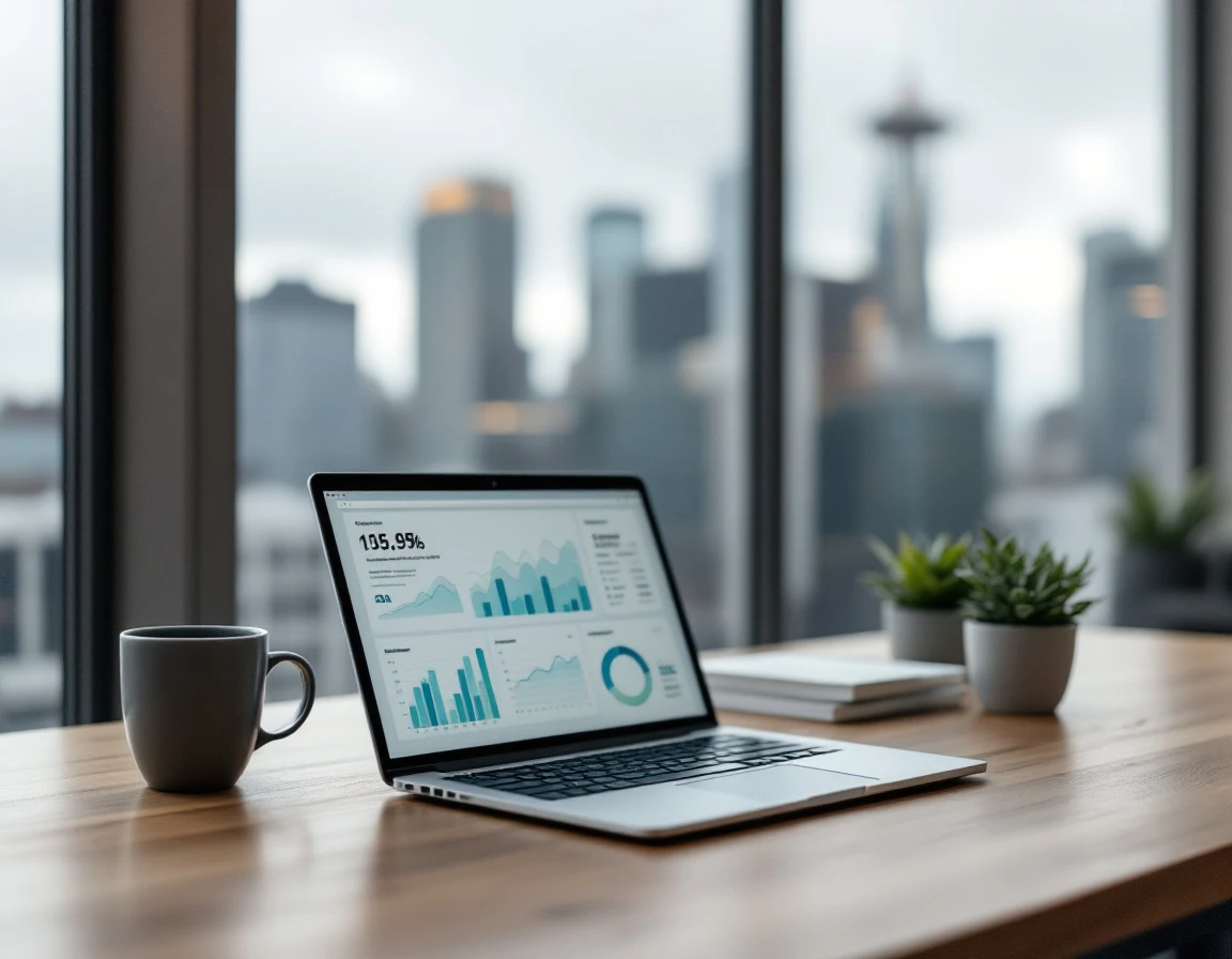 Clean desk workspace with laptop showing customer data analytics in natural Pacific Northwest office lighting
