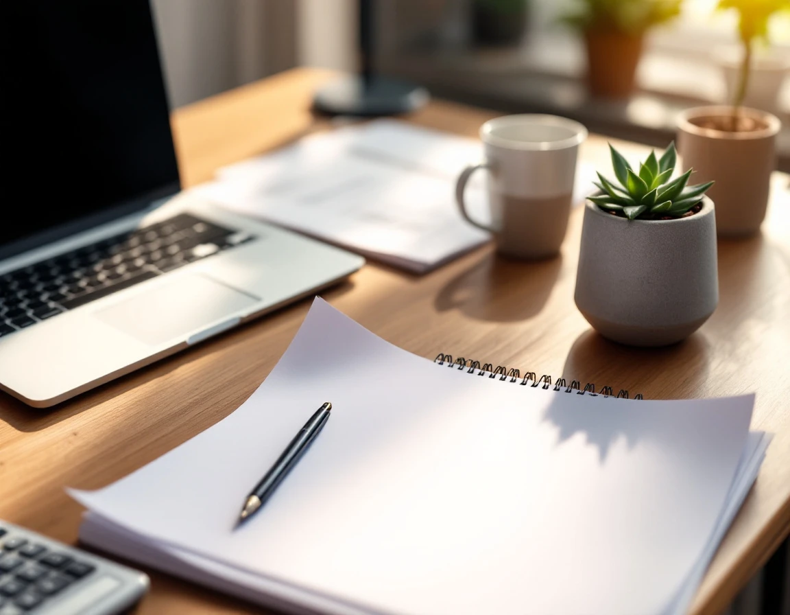 Clean workspace with blank notepad, calculator, and coffee mug in natural morning light
