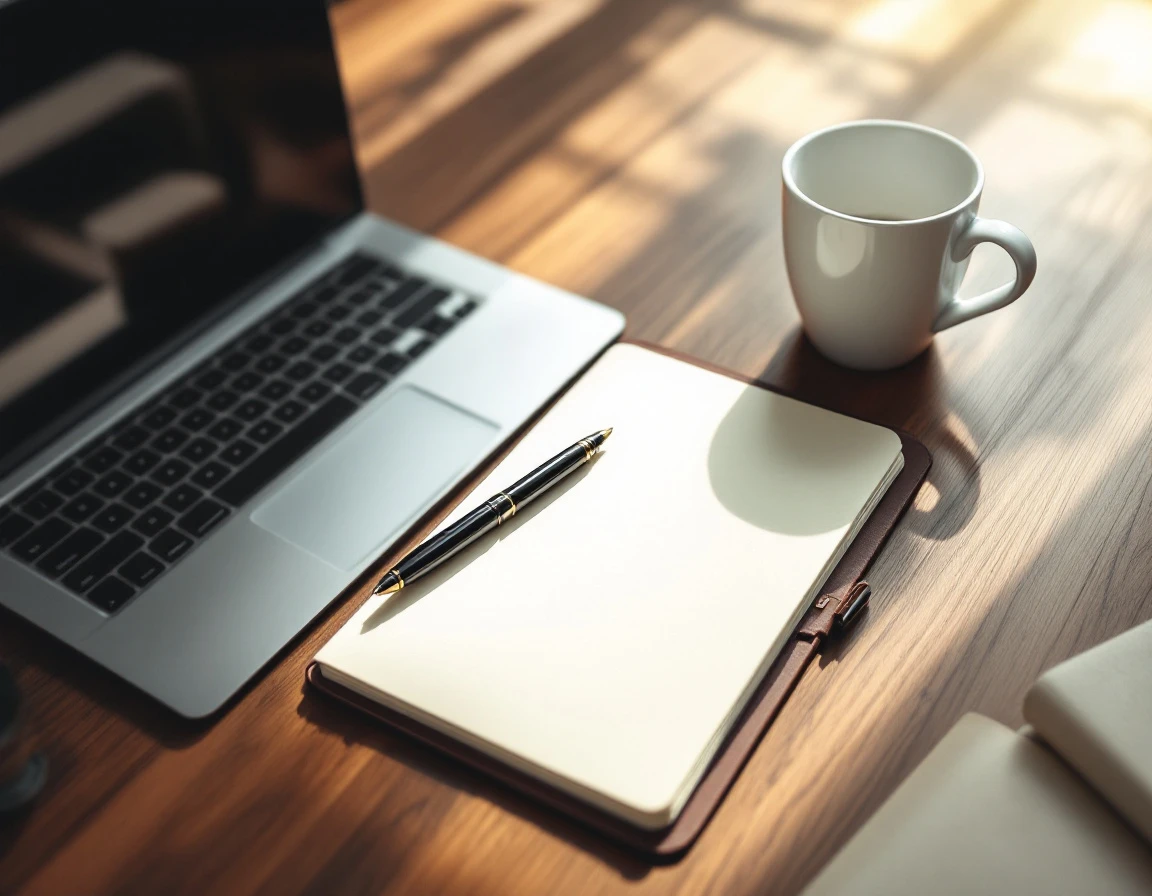 Minimalist desk workspace with notebook, pen, and coffee for strategic sales planning