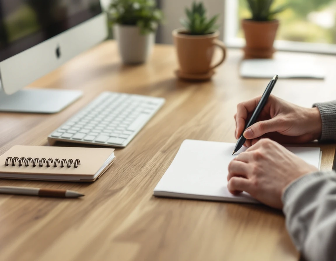 Office desk with hands poised over notepad, wireless keyboard blurred in background