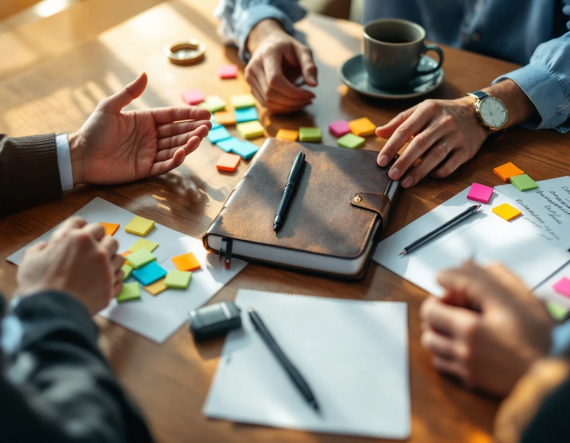 Business owner's desk with handwritten notes and journal during a strategic planning session