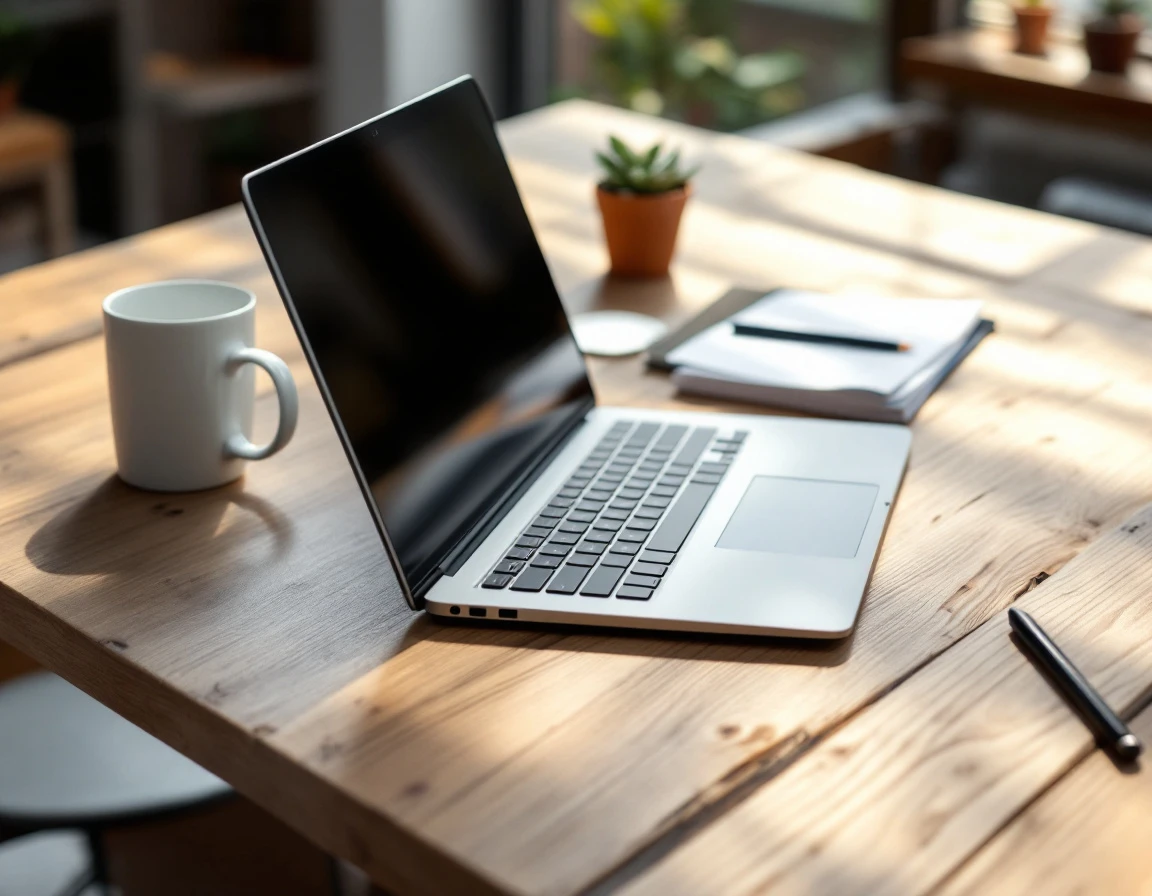 Professional workspace desk with laptop and coffee mug in natural window light
