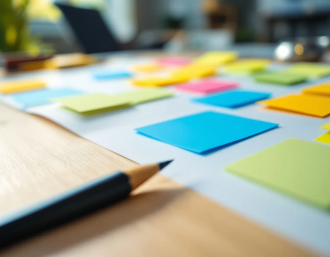 Sticky notes organized on desk surface with pencil, representing task management and accountability systems