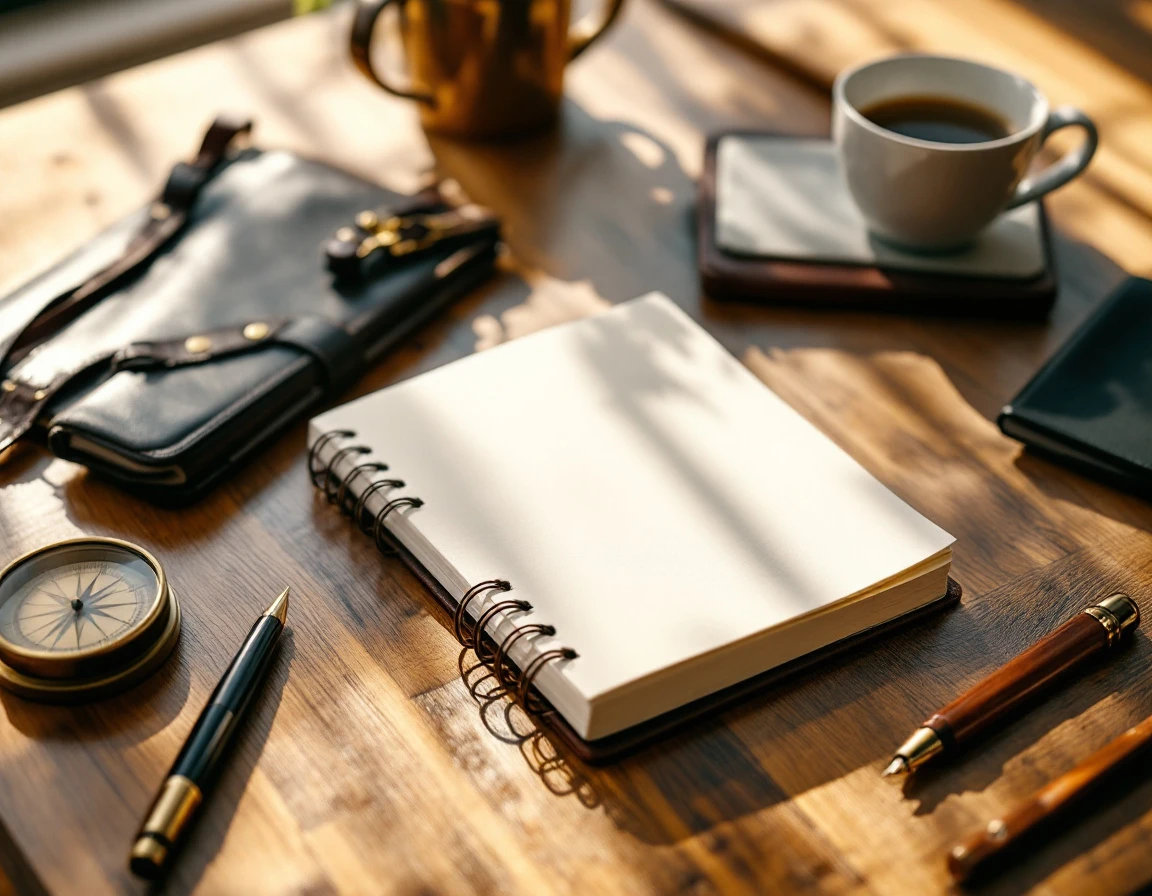 Blank leather journal and brass compass on wooden desk with natural morning light
