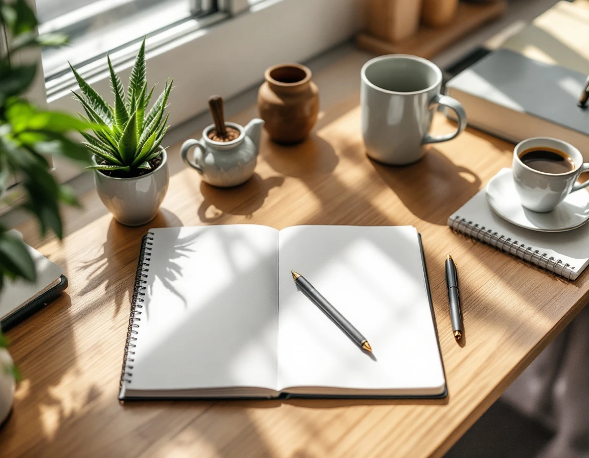 Organized desk workspace with open planner and coffee mug in soft natural morning light