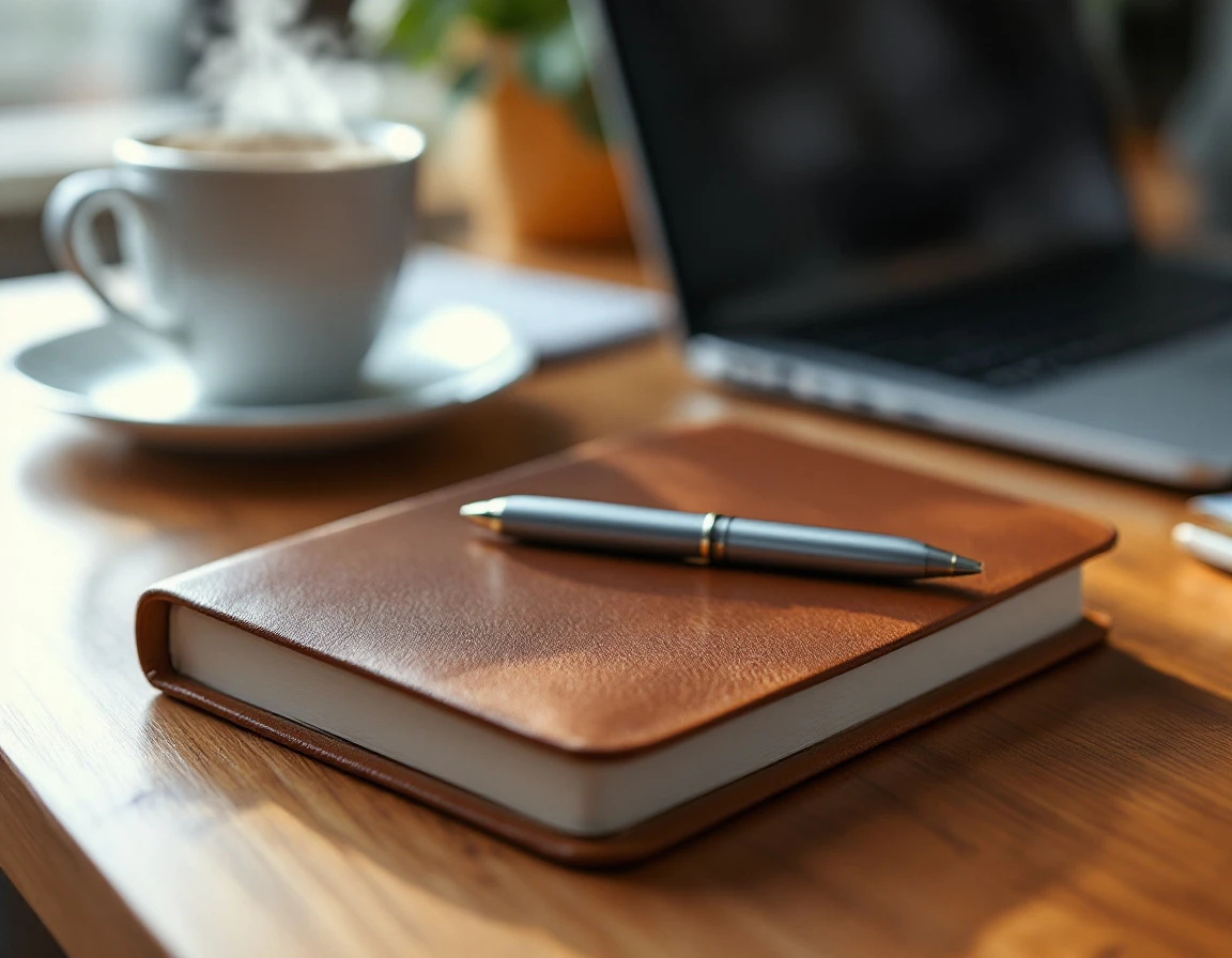 Professional workspace with leather notebook, laptop, and coffee cup in natural window lighting