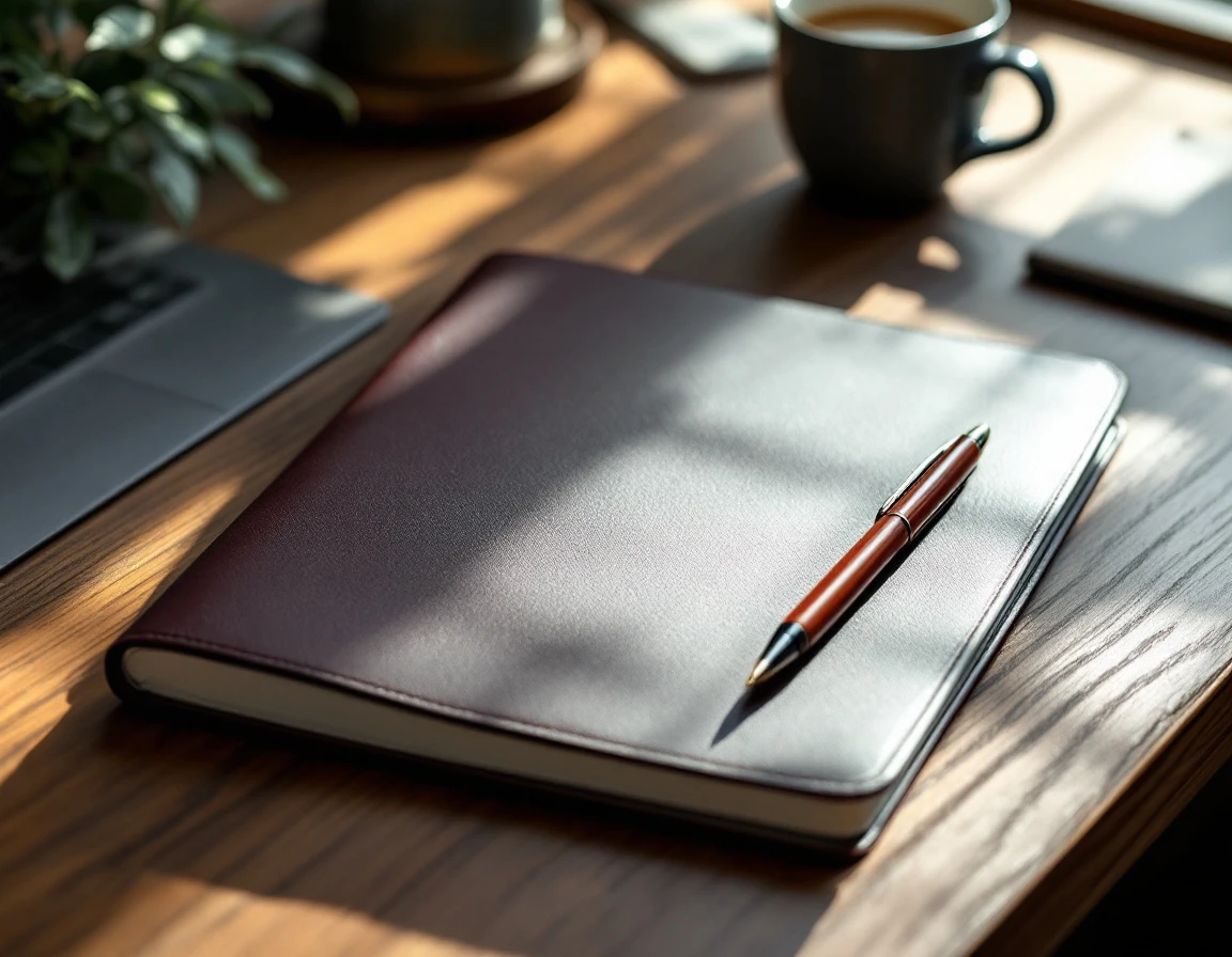Closed leather notebook and pen on organized desk workspace emphasizing careful record-keeping