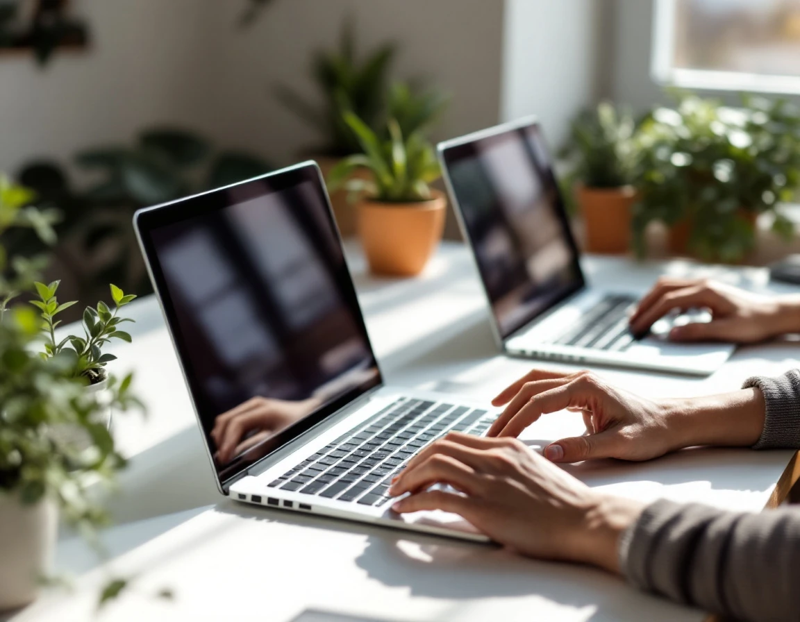 Three laptops on sunlit desk with hands typing, coordinating multi-channel outreach workflow