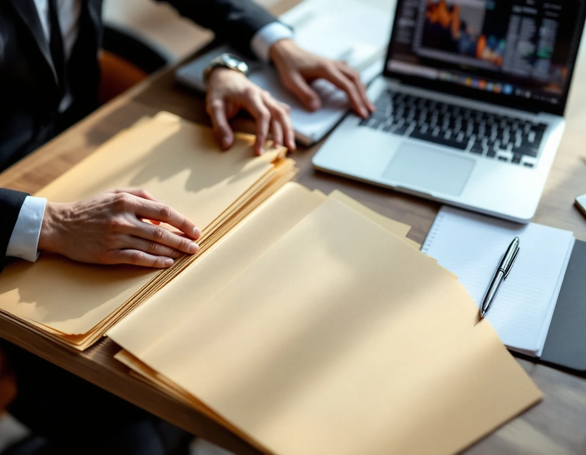 Organized office desk with file folders and laptop suggesting systematic compliance documentation review