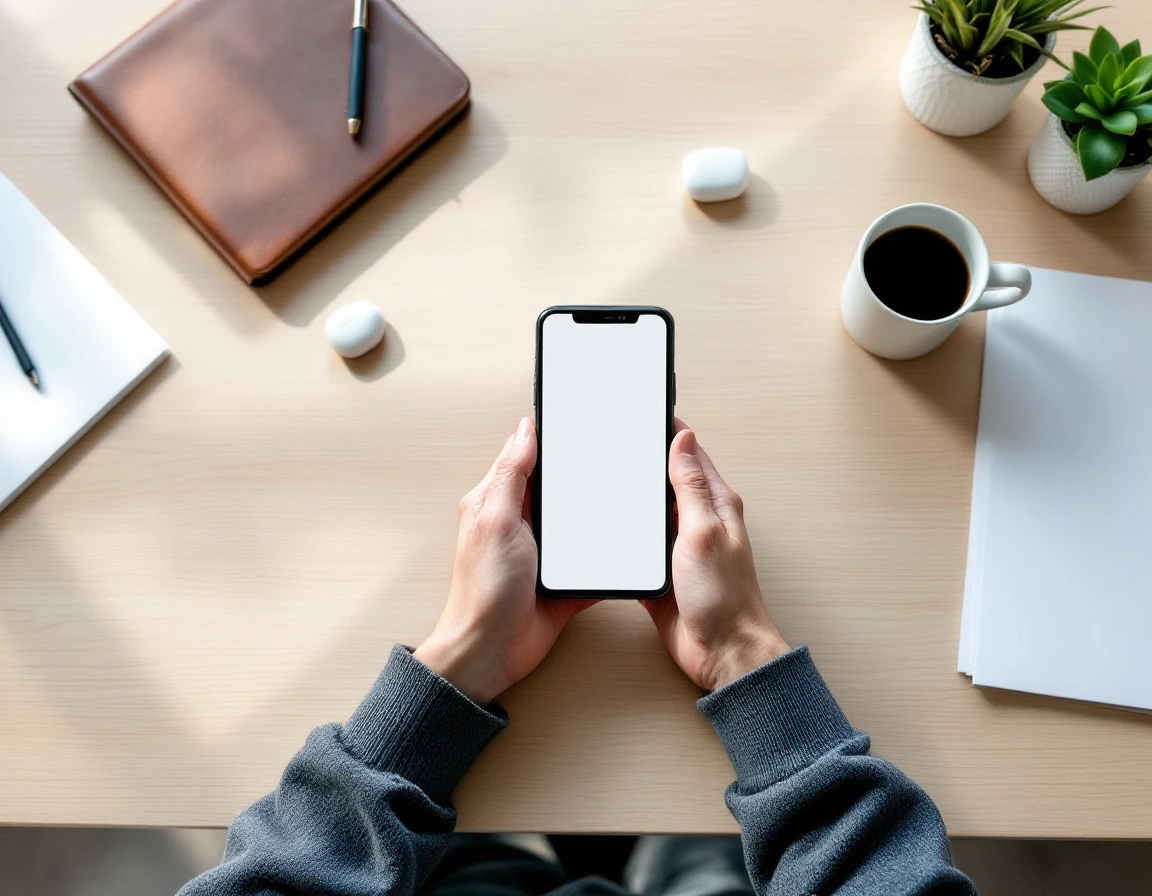 Hand holding smartphone over organized workspace with notepad, coffee, and plant on wooden desk