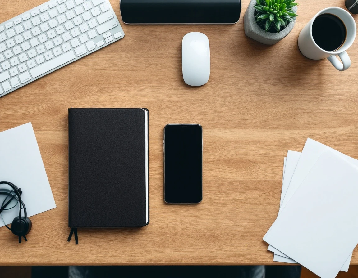Overhead view of organized professional desk with keyboard, notebook, phone, and coffee mug on wooden surface