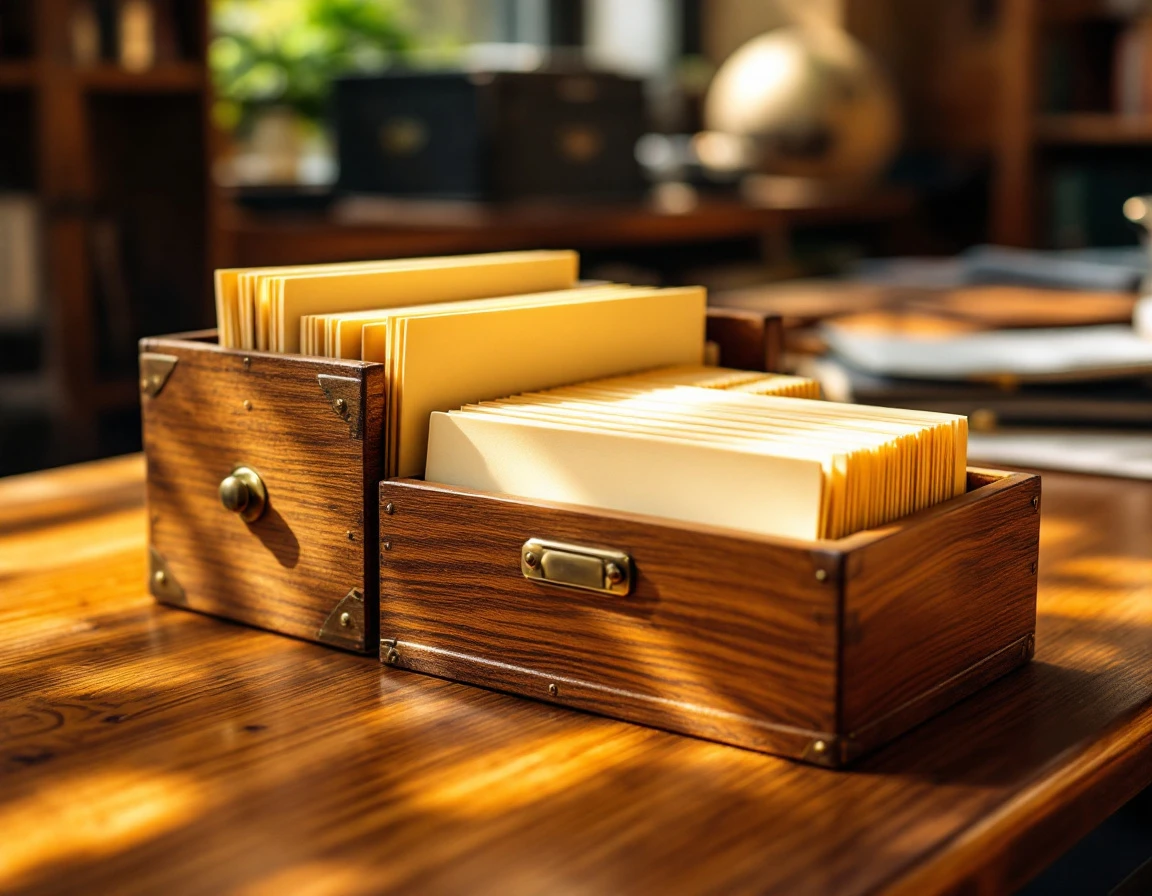 Vintage wooden card filing box with blank account cards on an office desk with natural window lighting