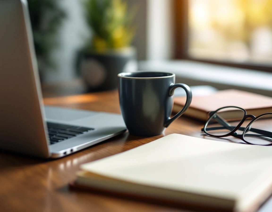 Professional desk workspace with closed laptop, coffee mug, notebook, and glasses in natural morning light