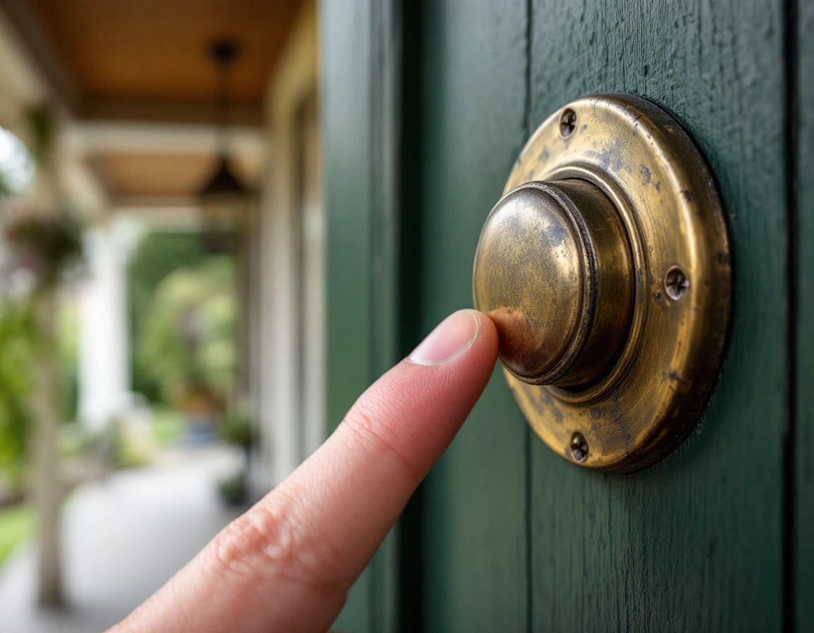 Finger poised to press weathered brass doorbell on home entrance, suggesting customer reactivation moment