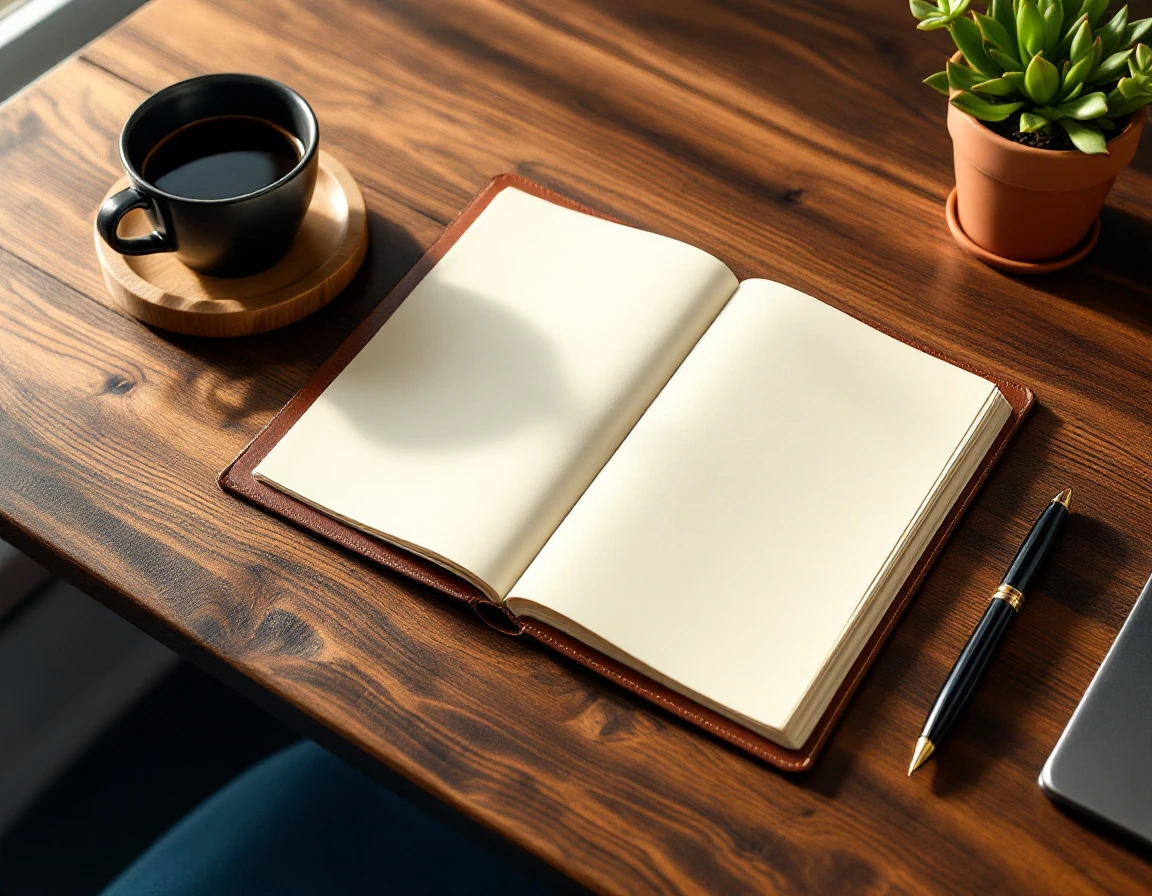Wooden desk with open leather portfolio, fountain pen, coffee cup, and succulent plant in natural window light