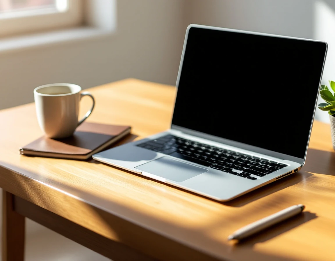 Minimalist desk workspace with closed laptop and simple organizational tools emphasizing clean efficiency