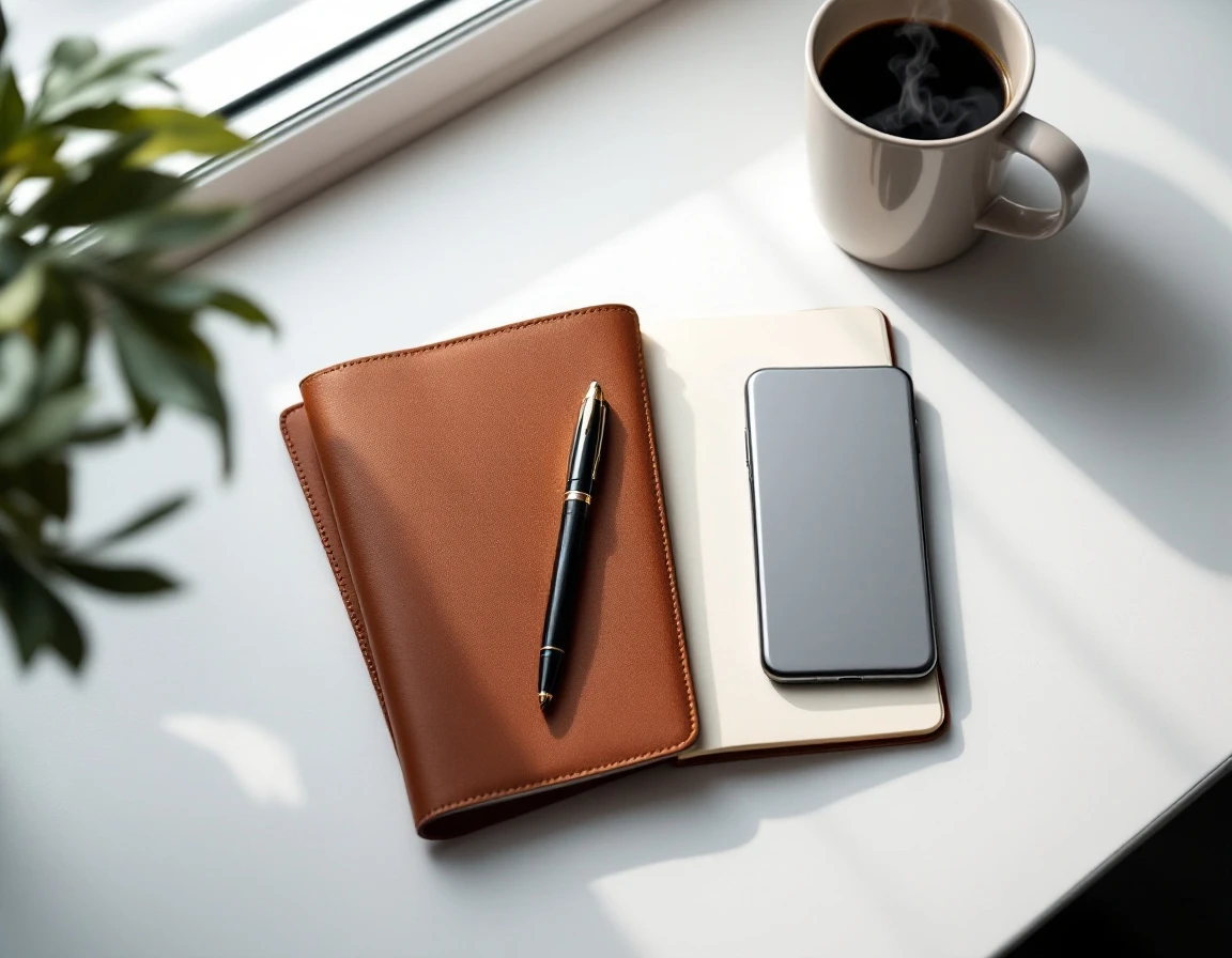 Clean desk with notebook, pen, and coffee mug showing organized workspace for outreach campaign management